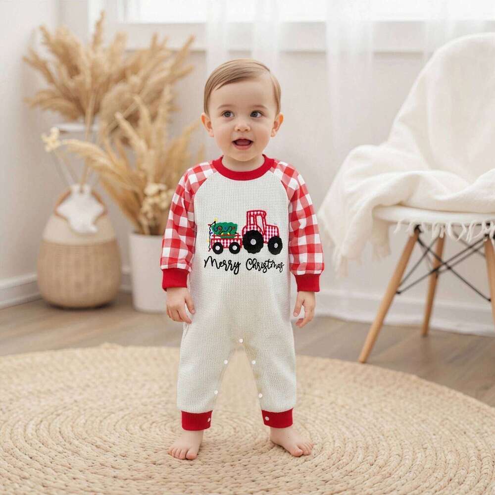 Baby Boys Romper Fashionable Christmas Tree and Letters Embroidery Plaid Long Sleeve Jumpsuit Z260304