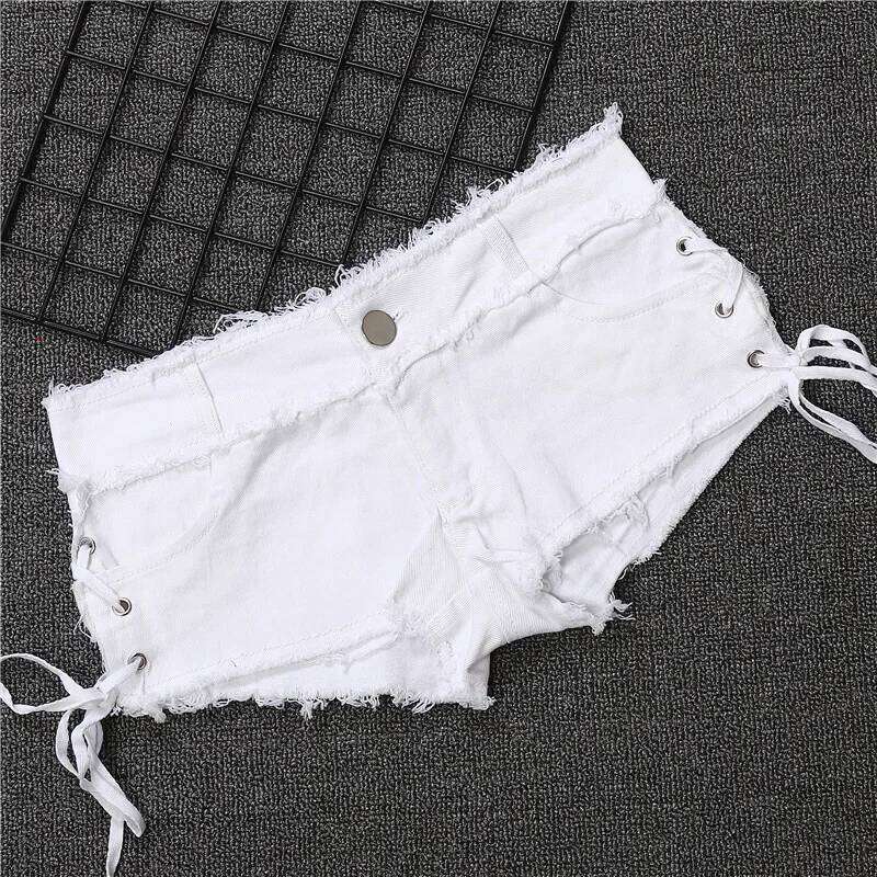 New Cotton Elastic Side Slit Bandage Tight Low Waist Sexy Denim Jean Shorts Black And White XJ260305