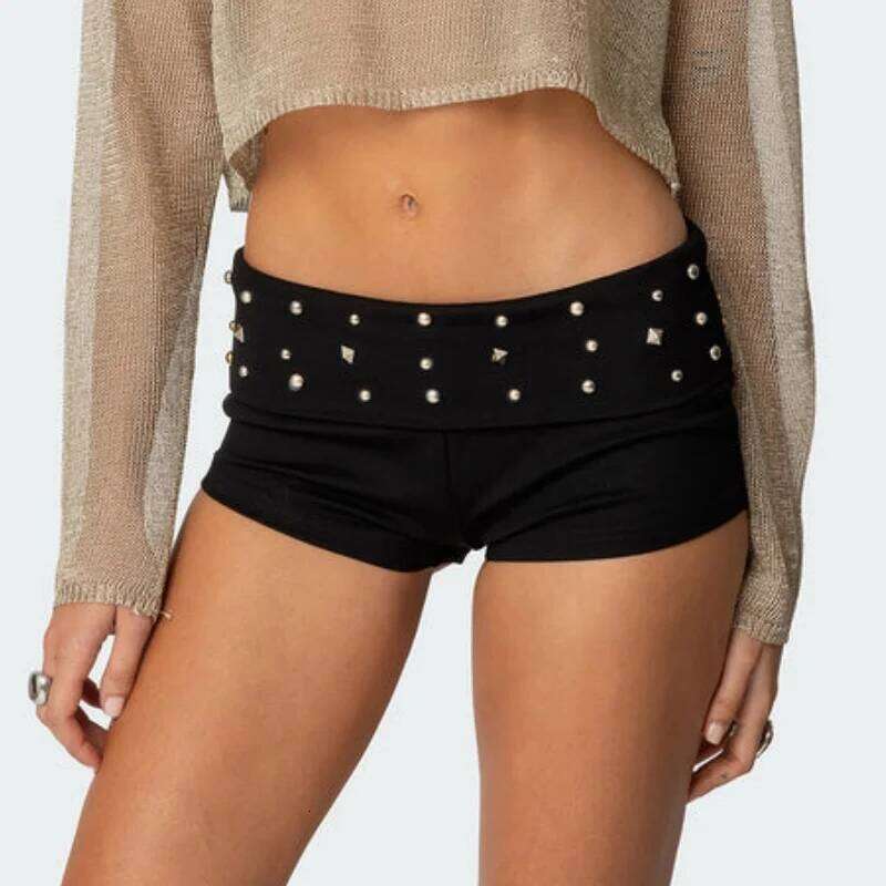 Women Y2K Studded Foldover Sexy Low Rise Slim Fit Pj Micro Casual Stretchy Yoga Shorts Loungewear XJ260305