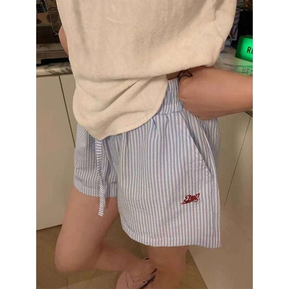 HOUZHOU Blue Striped Letter Embroidery Shorts Women Wide Leg Korean Fashion Short Pants Drawstring Baggy Casual Jorts Summer XJ260305