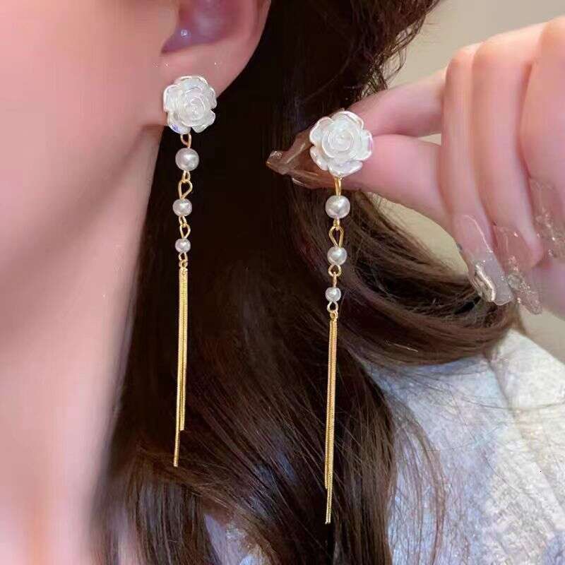 Womens Jewelry Earrings stud Fairy Gentle Forest Style Camellia Pearl Long Tassel Earrings French Vintage Exquisite Simple Ear Accessories for Women