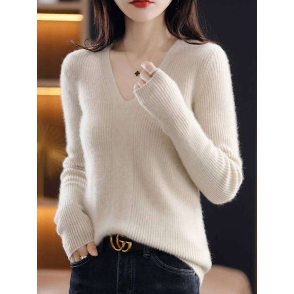 Women Wool V-neck Bottoming Jumpers Solid Autumn Winter Soft Warm Woman Sweater Knitted Basic Slim Pullovers Tops XJ260305