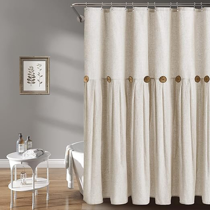 YL-38298 Button-trimmed bathroom shower curtain, cotton and linen waterproof button-down bathroom curtain.