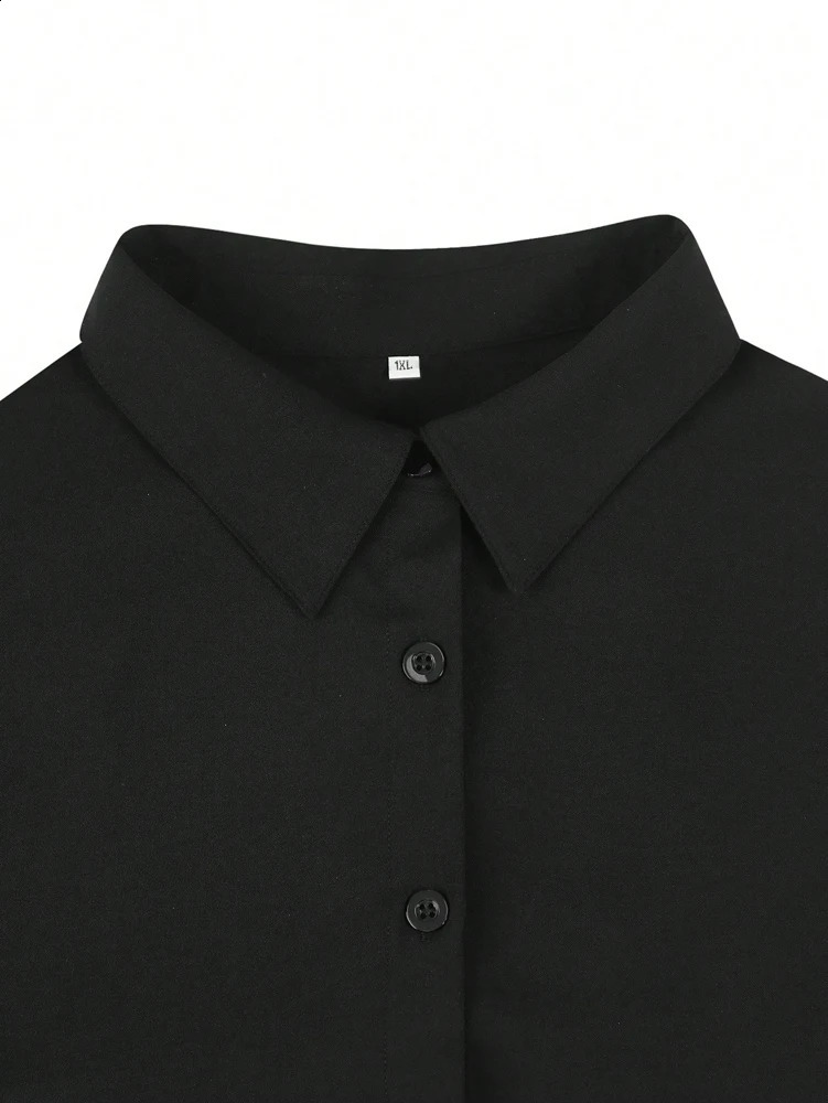 Plus Size 2025 Spring and Summer Womens POLO Collar Pleated Casual Single Row Button Shirt Blouse Solid Color 260228
