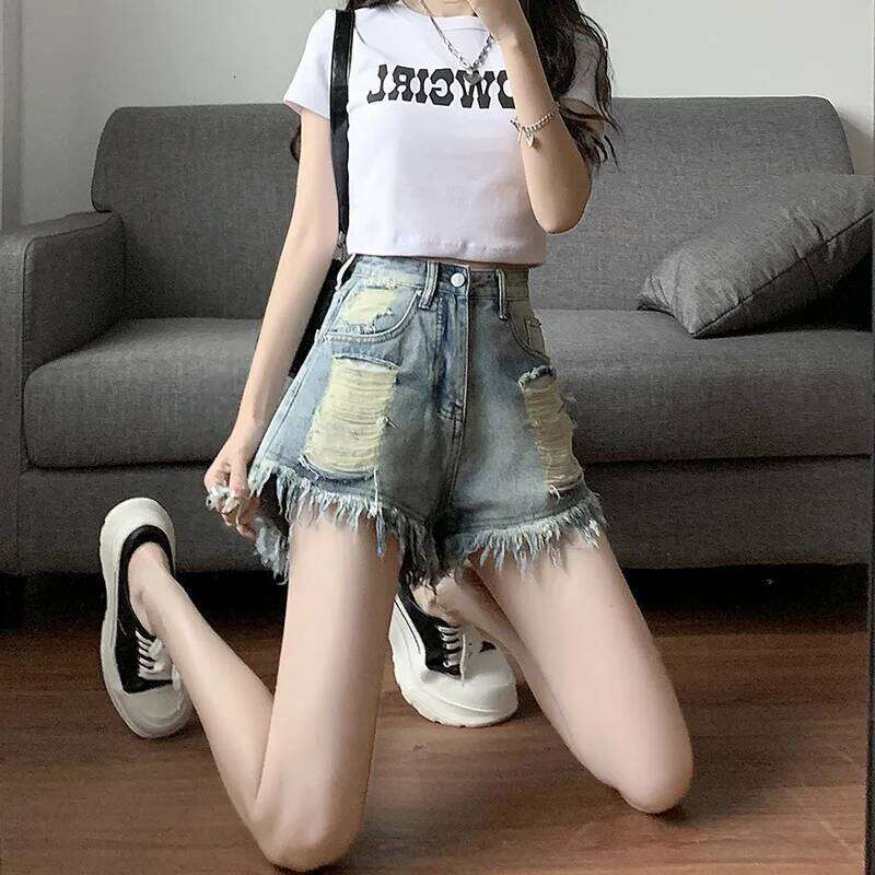 Street Personality Washed Ripped Denim Shorts. New Summer Fashion Retro "Make Old" Loose High-waisted A-line Shorts for Women XJ260305