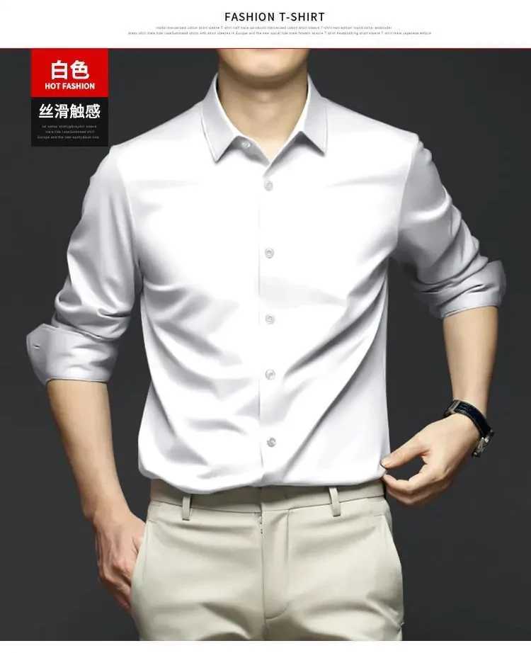 6XL Mens dress black shirts long-sleeved Oversize wrinkle-proof non-ironed solid color business casual ice silk M260305