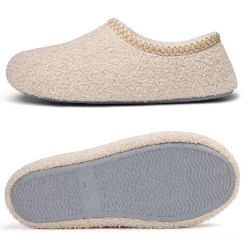 Kidmi Women New Winter Indoor Flat Slides Teddy Velvet Soft Rubber Sole Lace Warm Slippers Outdoor Wear-resistant Shoes