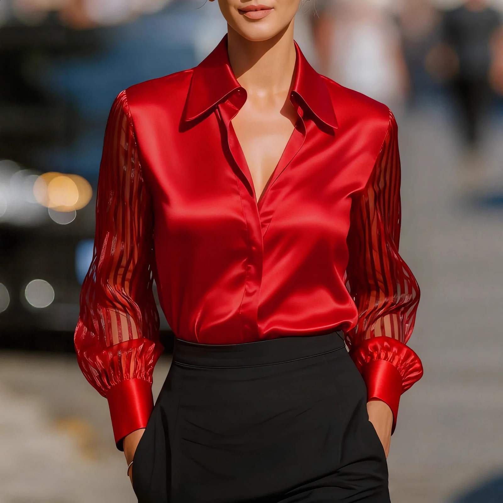 Fashion Womens Patchwork Black Shirt Satin Hollow Stripe Long Sleeve Button Cardigan Office White Female Simple Top 260228