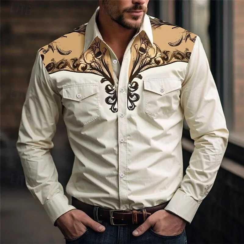 New Mens Long Sleeve Shirt 3D Vintage Print Casual Fashion Western Style Cowboy Style Mens Flap-Collar Shirt M260305