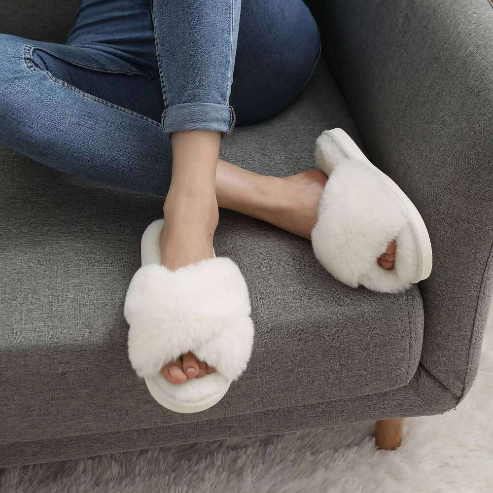 Kidmi Women's Fuzzy Cross Band Memory Foam House Open Toe Flat Casual Indoor Soft Slippers Female