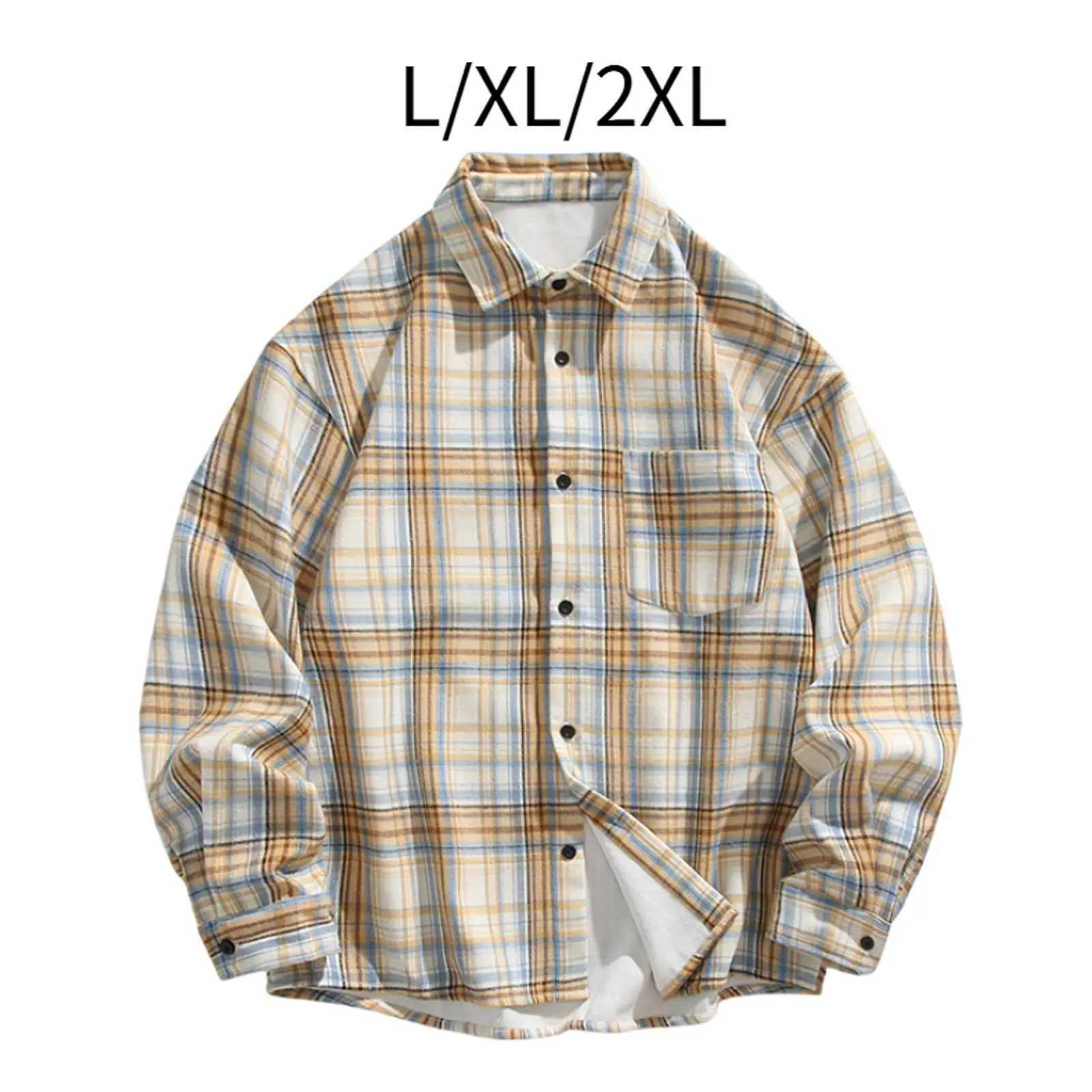Plaid Shirt Short Plush Lining Lapel Coat Long Sleeve Button Down Mens Shirt for Work Dating Autumn Outdoor Activities Winter M260305