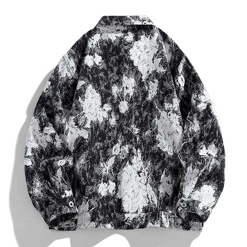 Streetwear Mens Casual Shirt Jacket Trendy Jacquard Coat Oil Painting Effect Hong Kong Style Retro Workwear Outerwear M260305