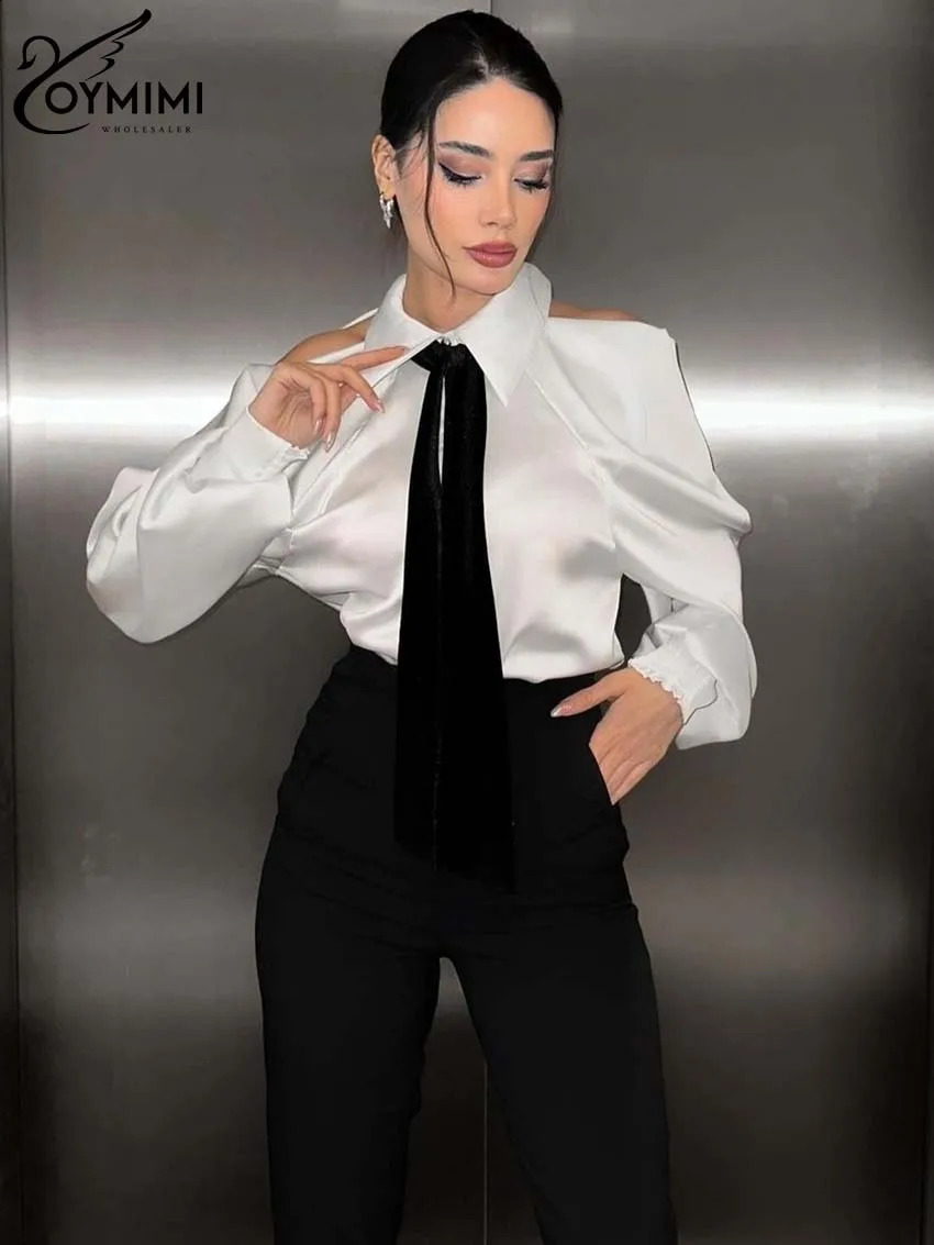 Oymimi Elegant White Patchwork Womens Shirt Fashion Lapel Long Sleeve Shirts Casual Necktie Off The Shoulder Button Blouses 260228