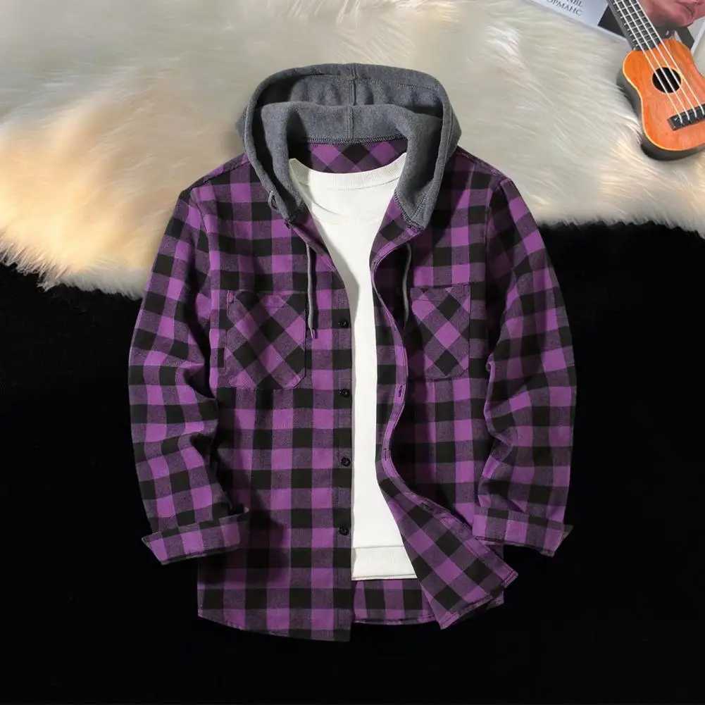 Fall Spring Men Hooded Shirt Color Matching Plaid Print Single-breasted Male Shirt Coat Casual Drawstring Long Sleeves Outerwear M260305
