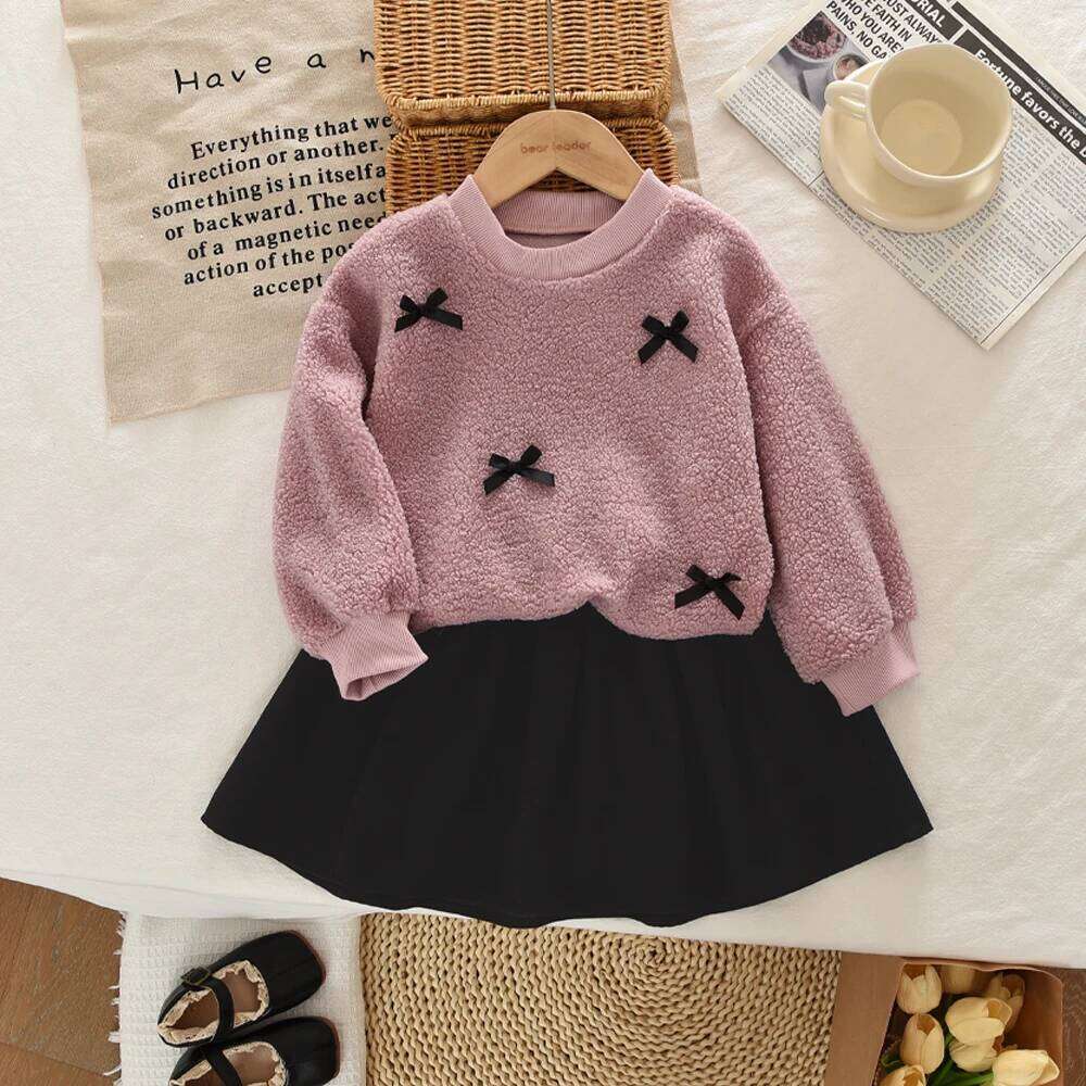 Bear Leader Autumn Winter Korean Version Beige Girls' Set Casual Kids Clothes Bow Fleece Long Sleeved Top + Black Short Skirt Z260304