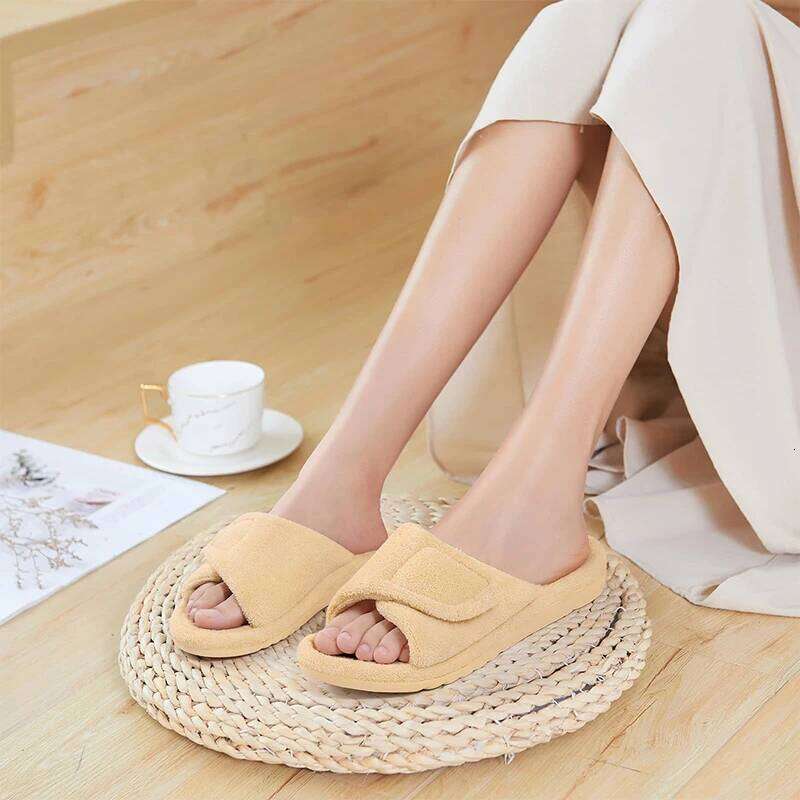 Kidmi New Women's Coral Fleece Orthopedic Slippers with Arch Support Velcro Adjustable Open Toe Home Shoes for Plantar Fasciitis