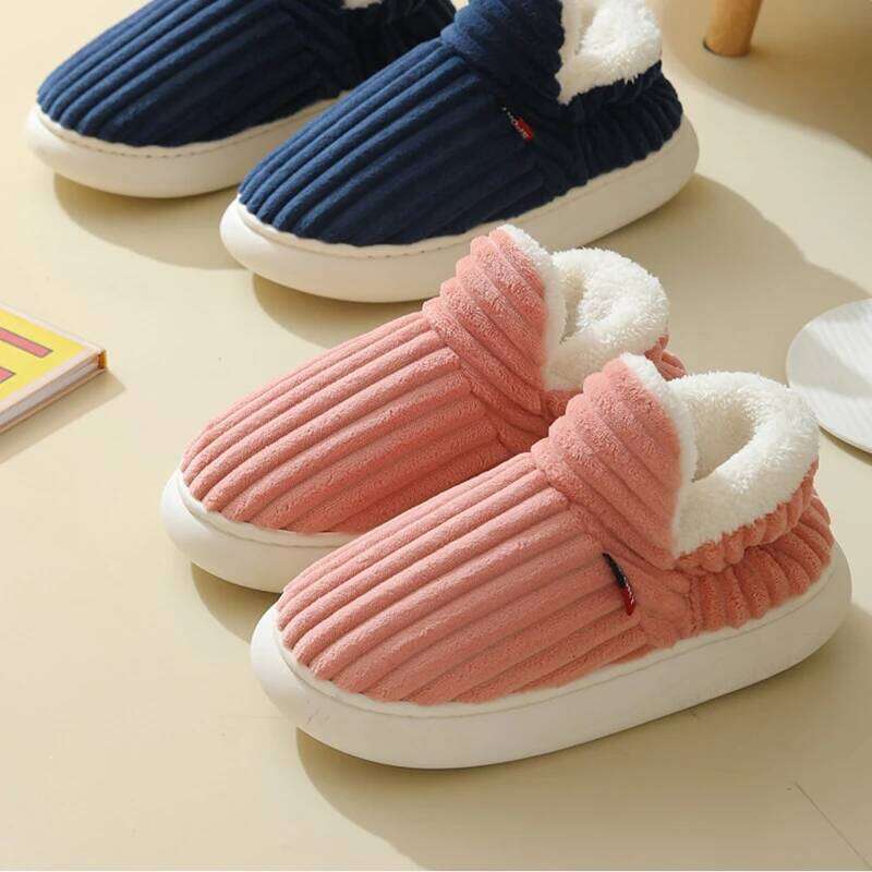 Kidmi Women's Corduroy Soft Plush Slippers Warm Anti-slip Popular House Cotton Shoes for Men and Women