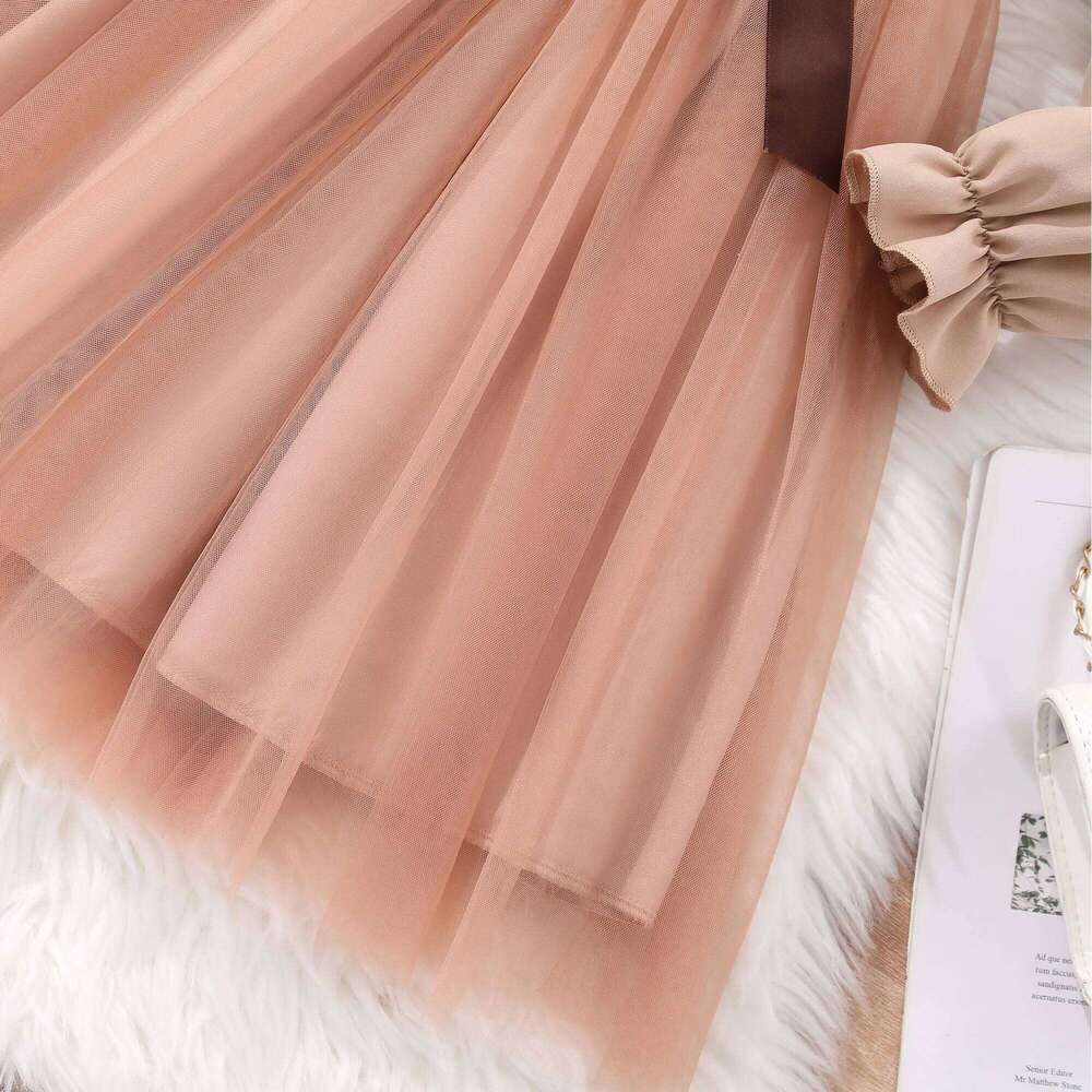 Girls' long sleeved lapel solid color mesh dress with woven waistband Z260304