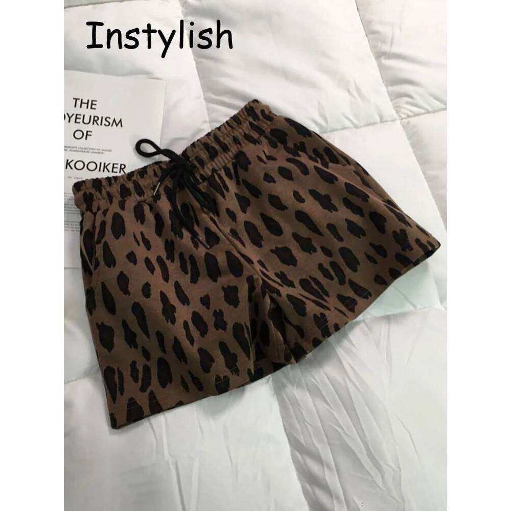 Vintage Harajuku Leopard Print Wide Leg Shorts Women Summer Korean Simple Chic Elastics Waist Drawstring Loose Short Pants 2022 XJ260305