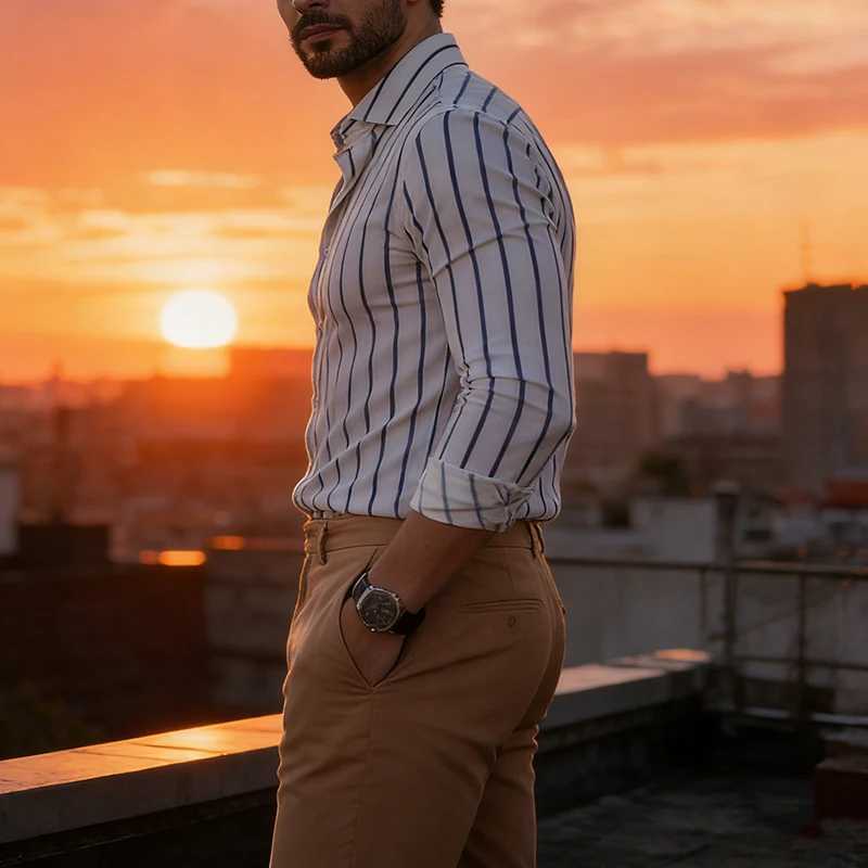 Vintage Long Sleeve Striped Shirts Mens 2026 Spring Casual Turn-down Collar Button-up Shirt Fashionable Men Slim Fit Cardigans M260305