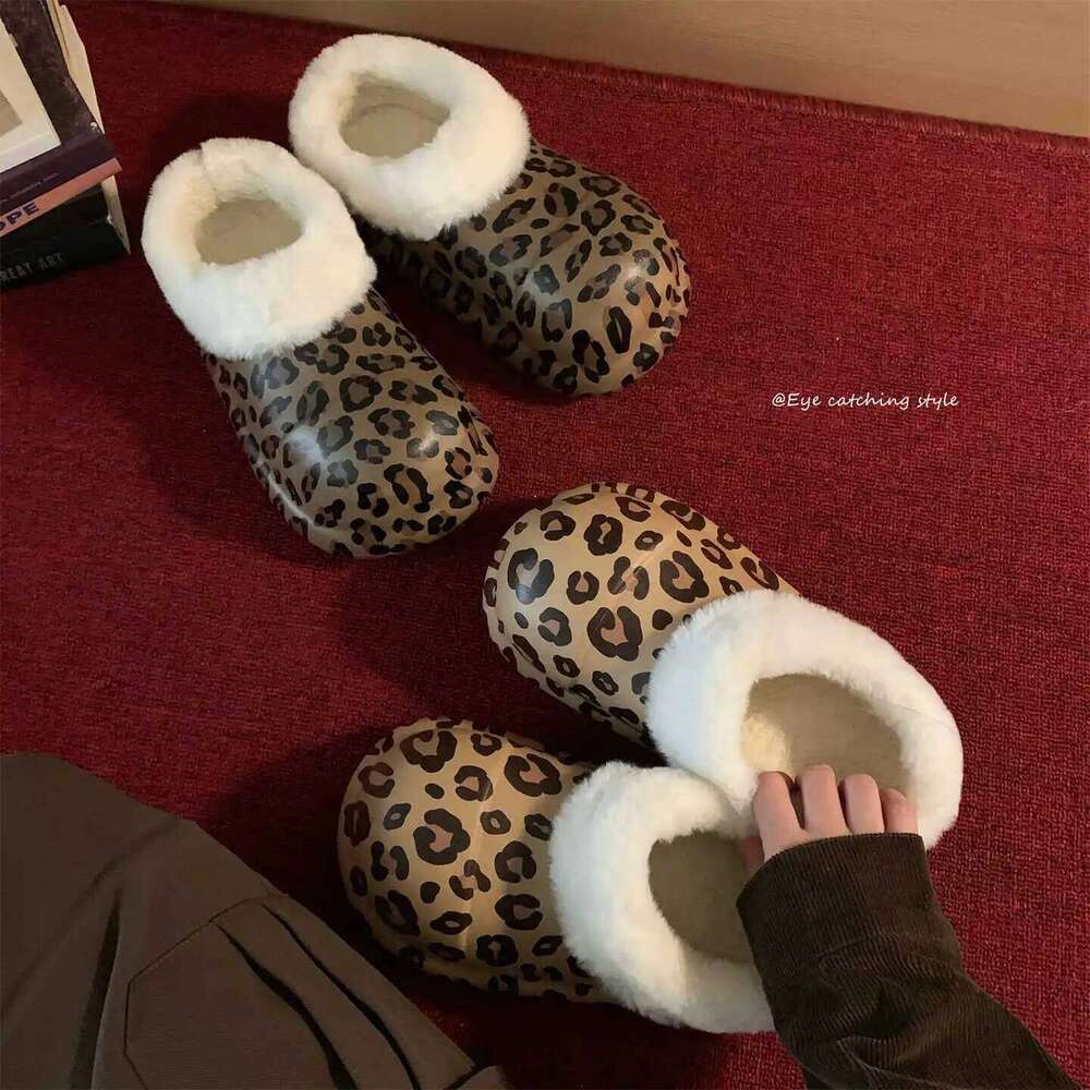 Fashion Leopard Style Waterproof Platform Slippers For Women Indoor Street Fluffy Shoes Warm Faux Fur Soft EVA Girls Home Slides