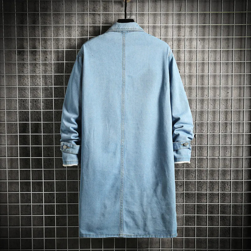Spring Men Denim Jacket Loose MidLength Casual Coat Male TurnDown Collar Trenchcoat Korean Fashion Outerwear 260302