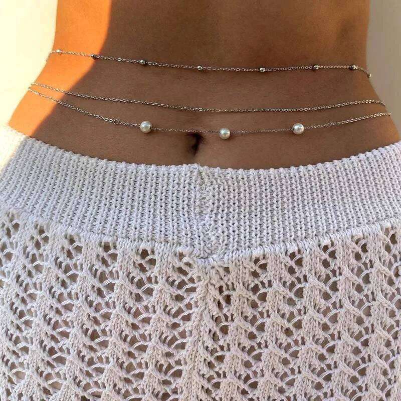 Sexy Metal Multilayer Pearl Beaded Waist for Women Fashion Silver Color Bead Thin Belly Chain Body Jewelry Gifts S260304