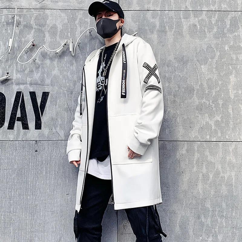 2026 Fashion Printed Mens Trench Coat Streetwear Hooded Harajuku Windbreaker Slim Fit Ribbons Outwear 260302