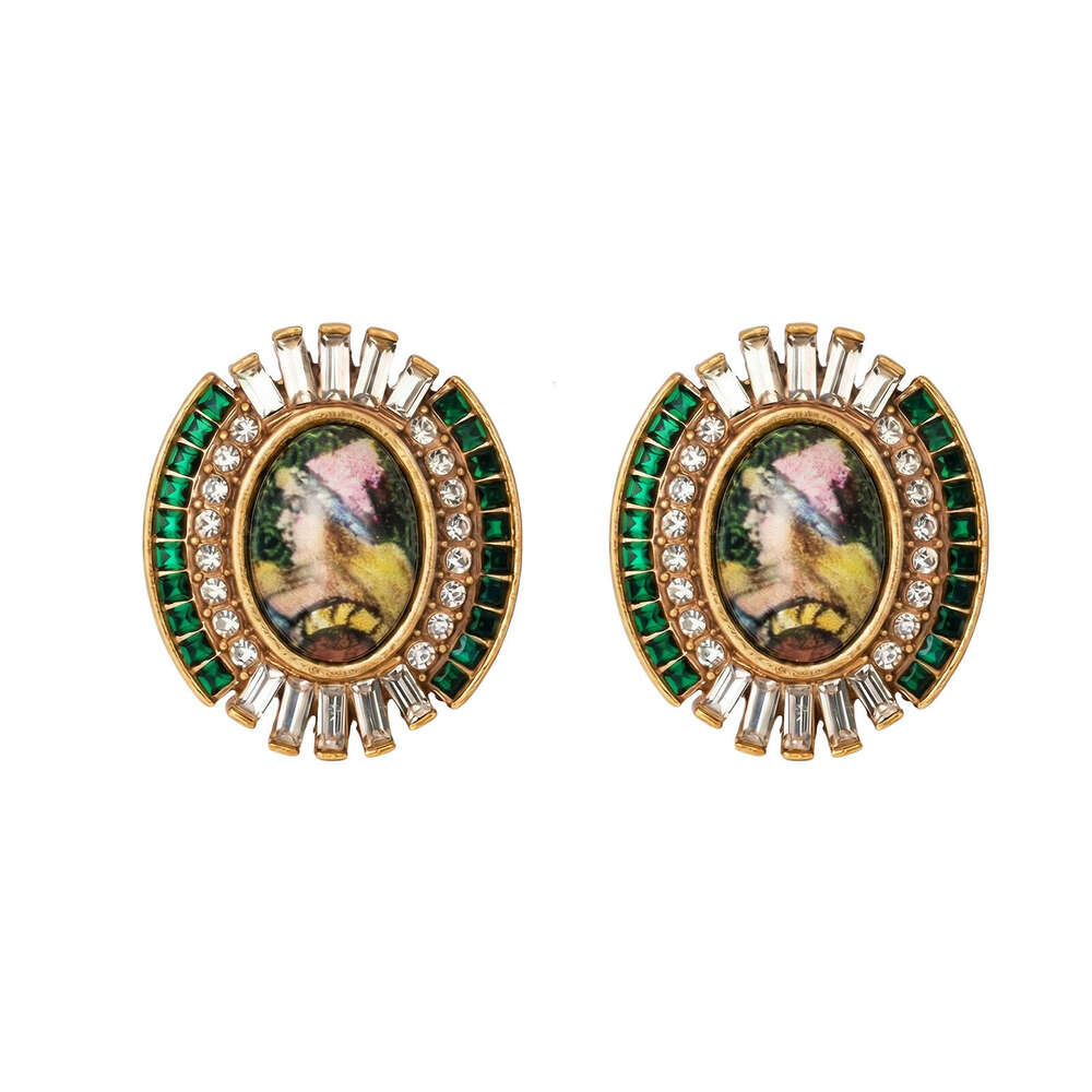 Versatile Retro Oil Painting Emerald Diamond Earrings Niche High-End Vintage Style Elegant Earrings Women High-Quality