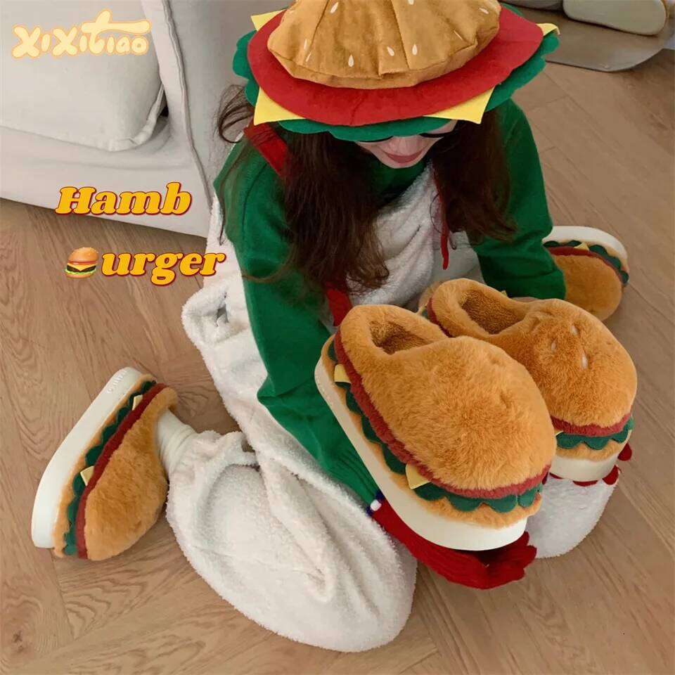 Winter Warm Women's Slippers with Cute Cartoon Hamburger Print Soft Plush Thick Sole Indoor Floor Platform Shoes for Girls