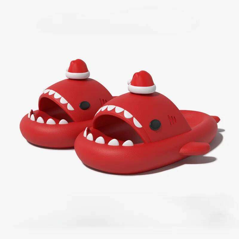 Funny Christmas Party Shark Slippers For Women Men Cute DIY Red Hat House Shoes Soft EVA Thick Sole Couples Indoor Street Slide