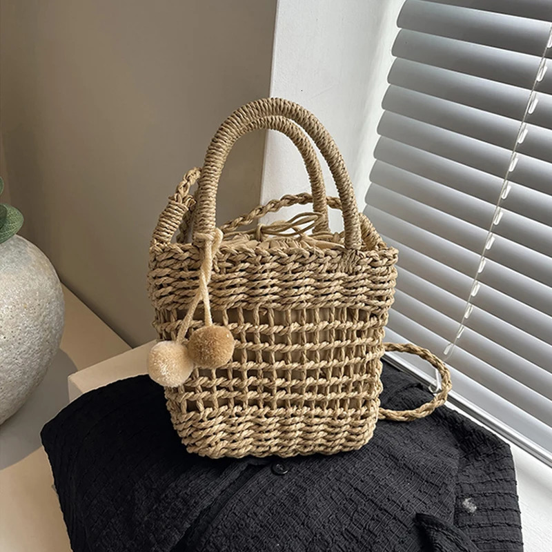 Grass Woven Rattan Storage Basket Crossbody Bag Handmade Straw Woven Basket Small Handbags Beach Shoulder Bag 260303
