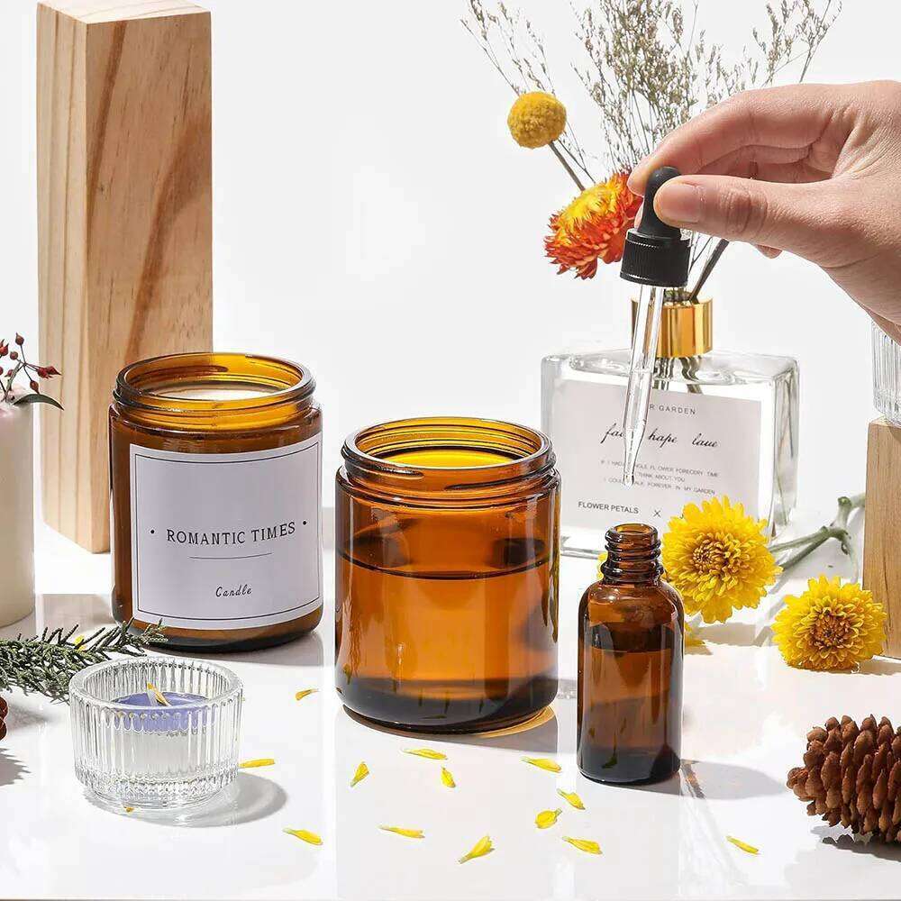 8oz Amber Glass Jars with Black Lids - For Candle Making, Food Storage, Canning, Spices, Liquids W260304 W260305