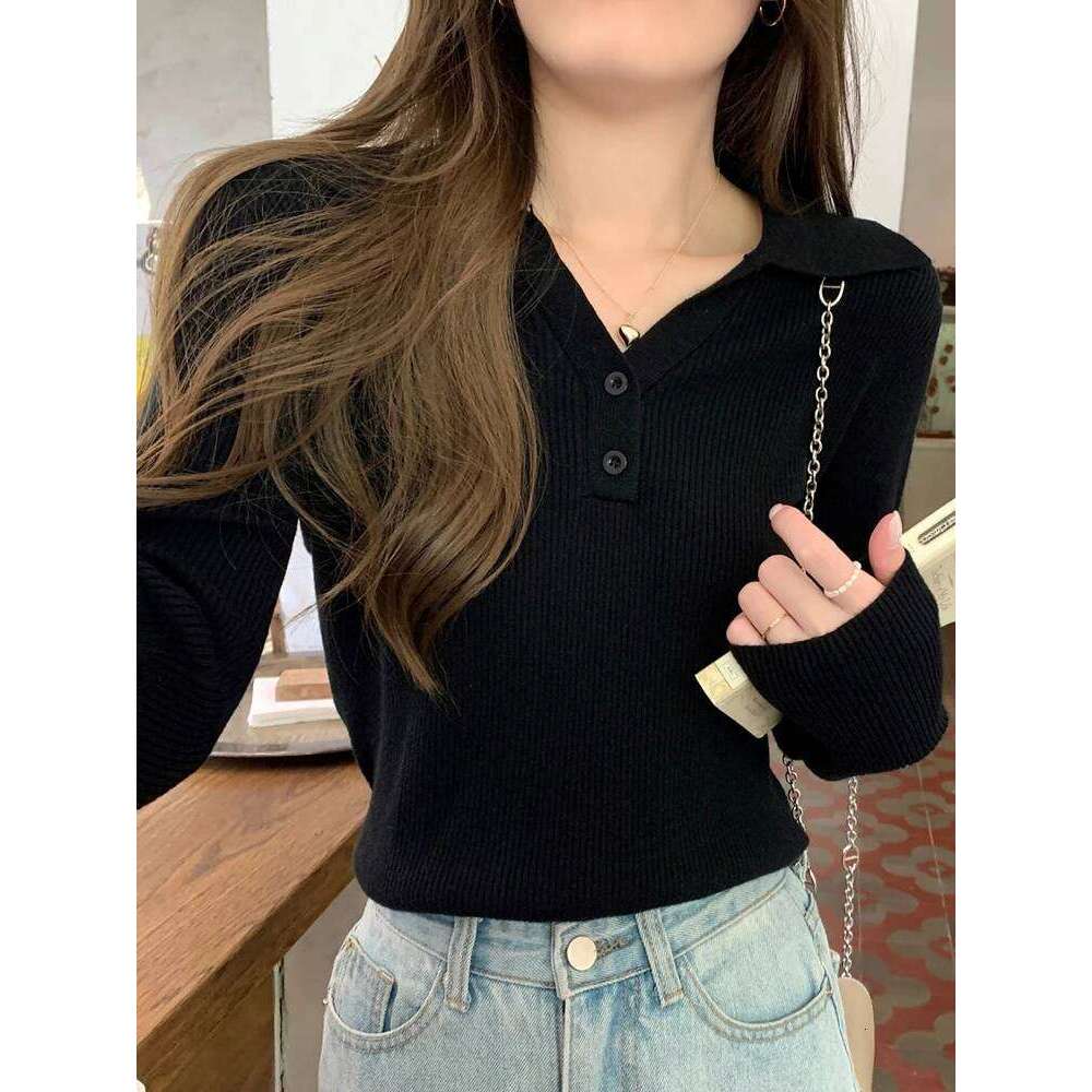 Female Autumn Winter Half-open V-lapel Pullover Korean Version of Long-sleeved Wearing Loose Sweater Slim Button Tops XJ260305