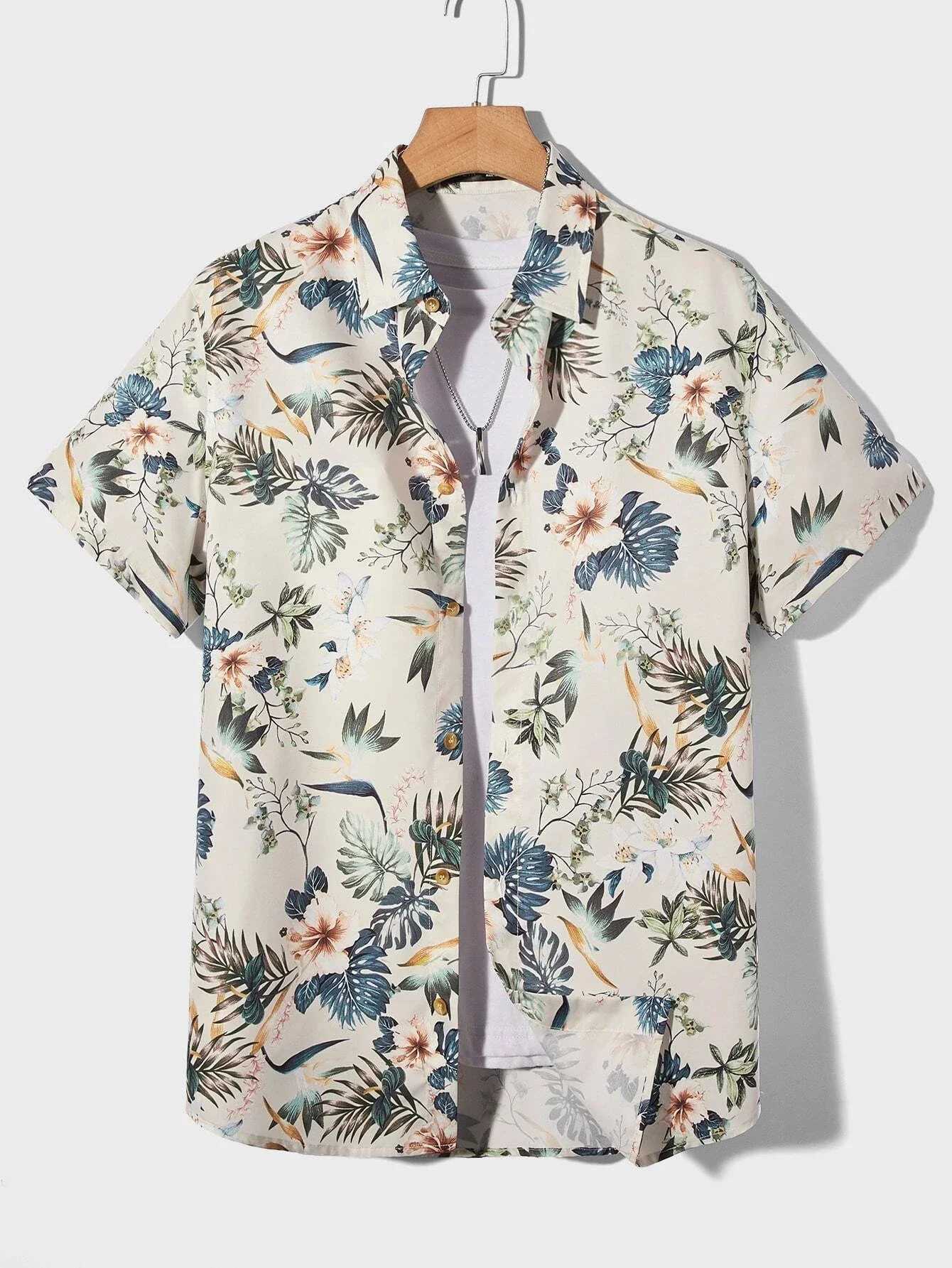 Mens Tropical Plant 3D Print Hawaiian Beach Flower Shirt Casual Slim Fashion Shirt Simple Retro Lapel Short Sleeve Shirt Top M260305