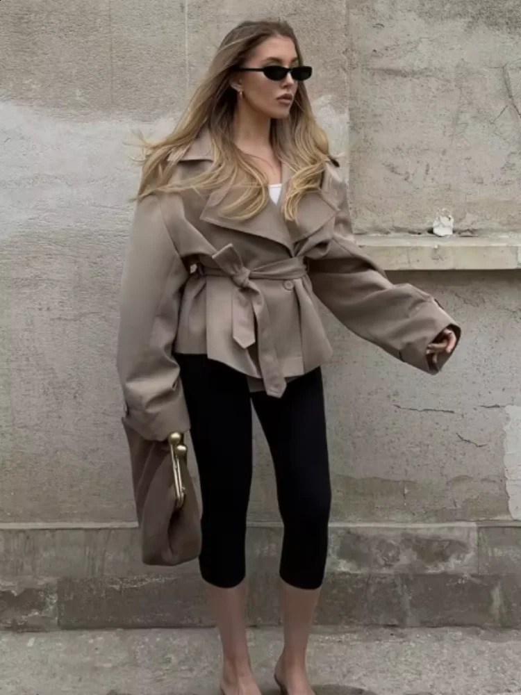 Womens Fashion Solid Windbreaker Lapel Full Sleeve Button With Belt Loose Coat 2025 Office Lady Daily Commute Overcoats 260228