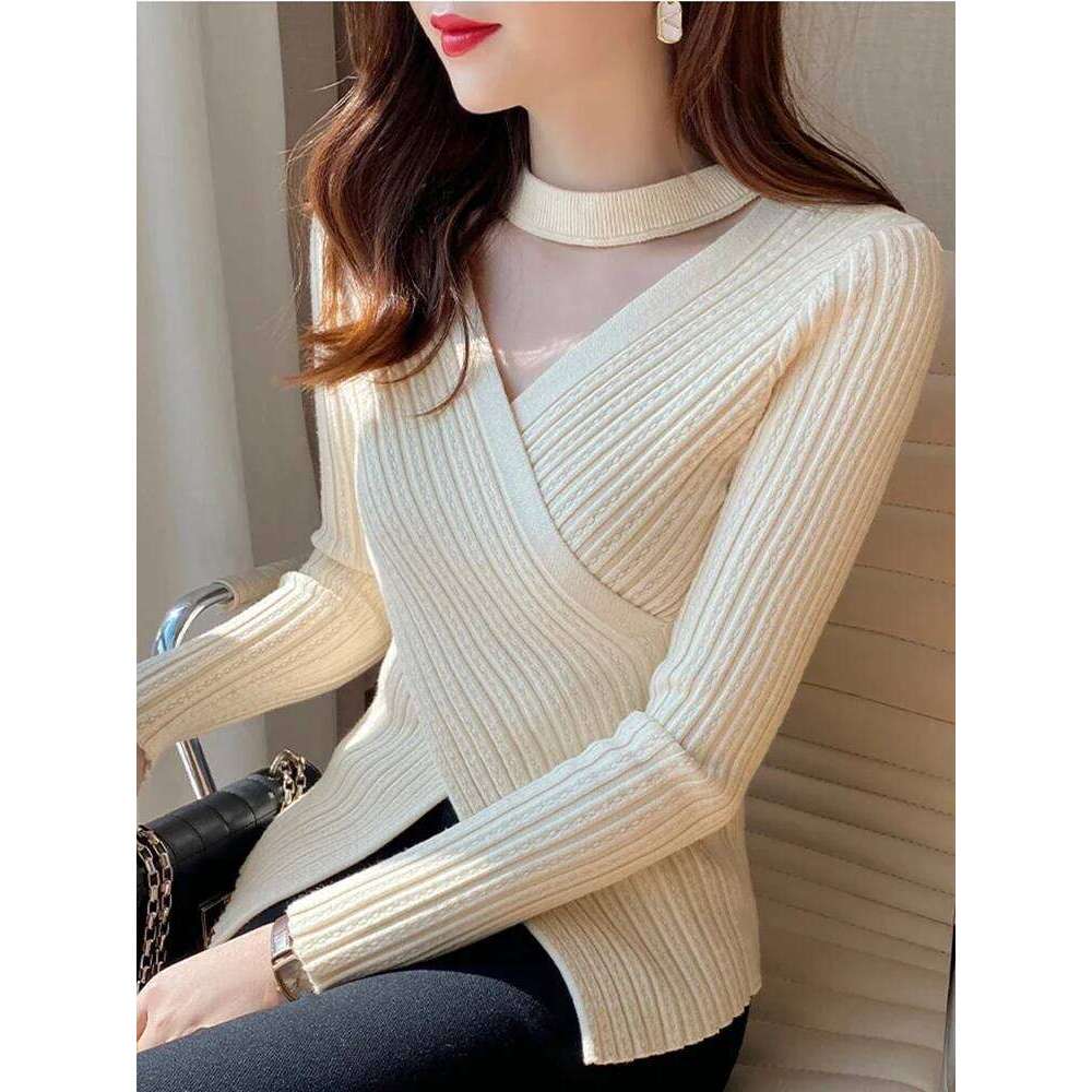 Sexy V neck White Sweaters Women Casual Long Sleeve Ladies Tops Slim Y2k Clothes Autumn Winter Korean Basic Knitwear Pullovers XJ260305