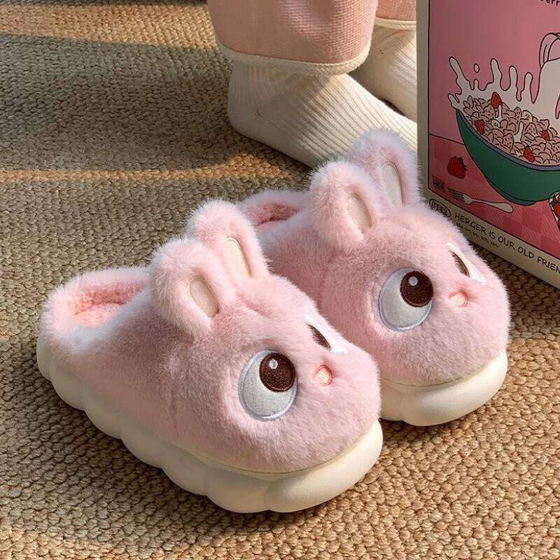 Cute Cartoon Rabbit Cotton Slippers For Women Winter House Shoes Warm Plush Thick Sole Anti-slip Female Home Floor Fluffy Slides