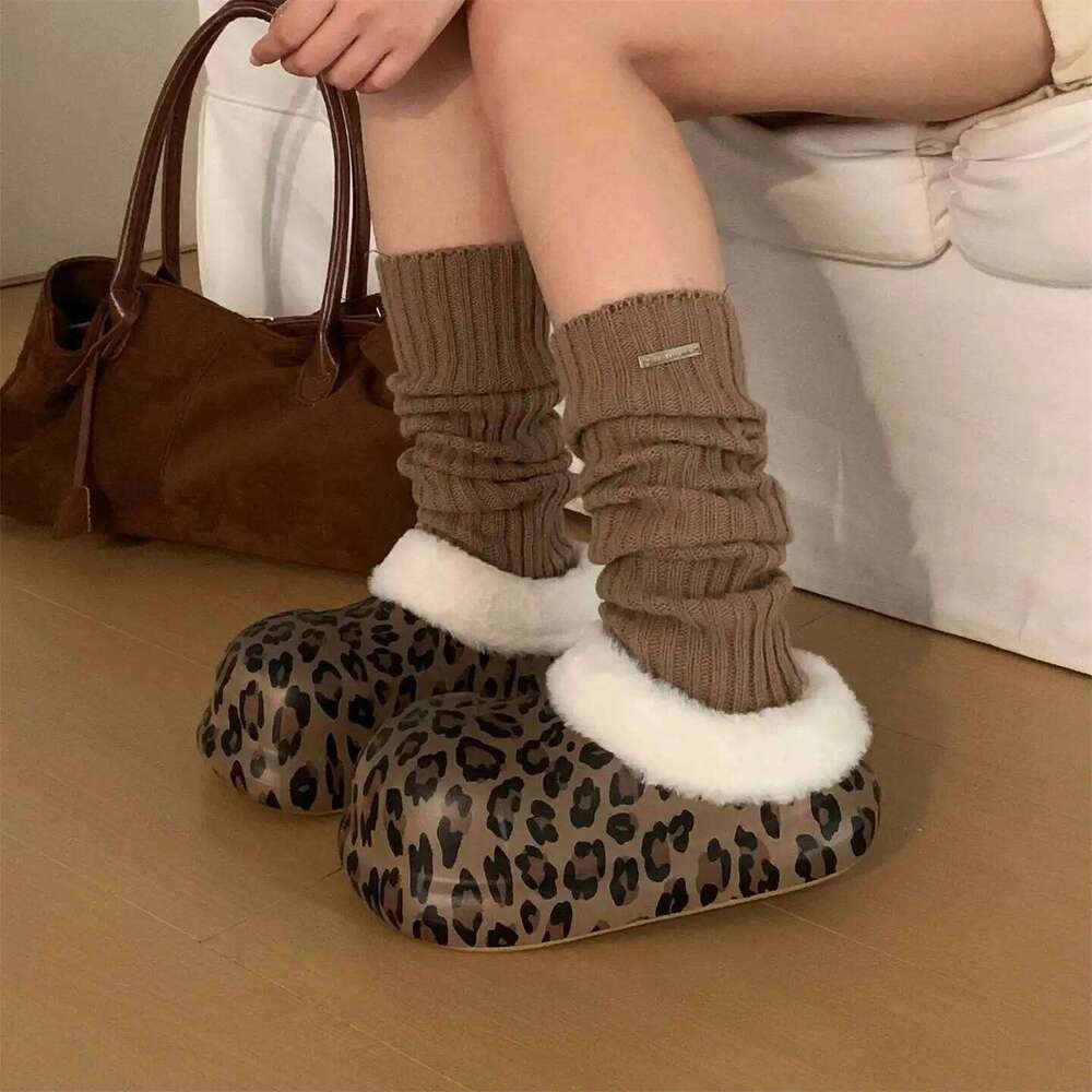 Fashion Leopard Style Waterproof Platform Slippers For Women Indoor Street Fluffy Shoes Warm Faux Fur Soft EVA Girls Home Slides