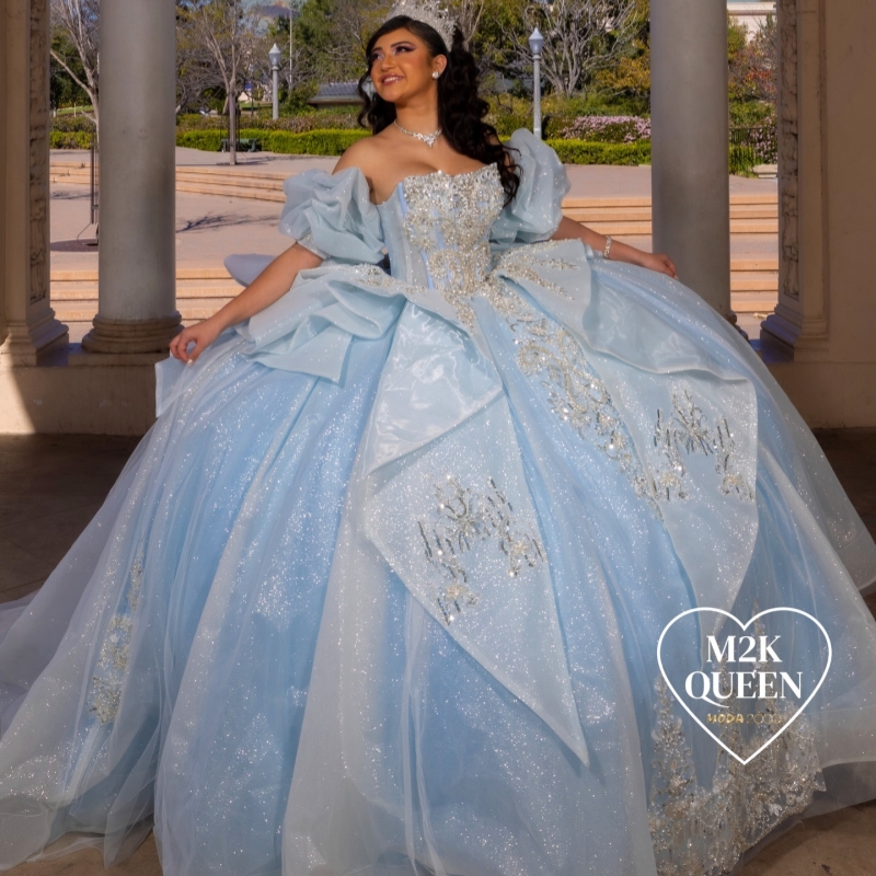 Light Blue Shiny Quinceanera Dresses Ball Gown Off The Shoulder Sequin Applique Lace Beading Crystal Bow Corset Party Birthday Sweet 16 Dress Vestidos