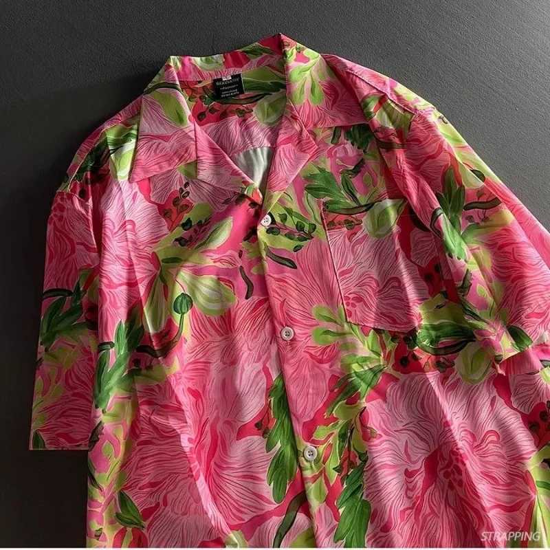 Mens Orange Floral Print Short SLeeve Camp Collar Oversized Casual HAWaiian Shirt M260305