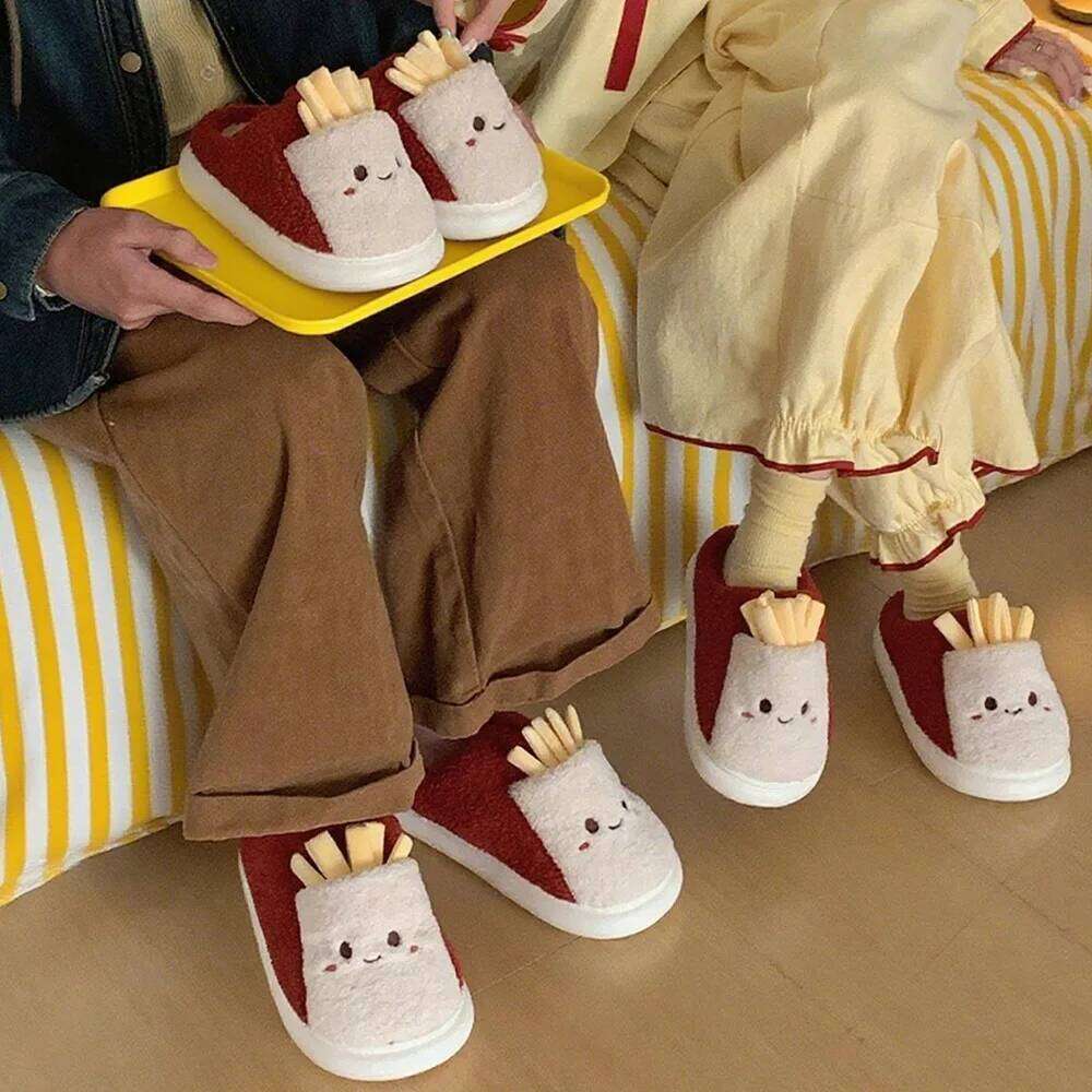 Cute French Fries Indoor Cotton Slippers For Women Men Autumn Winter House Shoes Soft Plush Anti-slip Couples Home Floor Slides