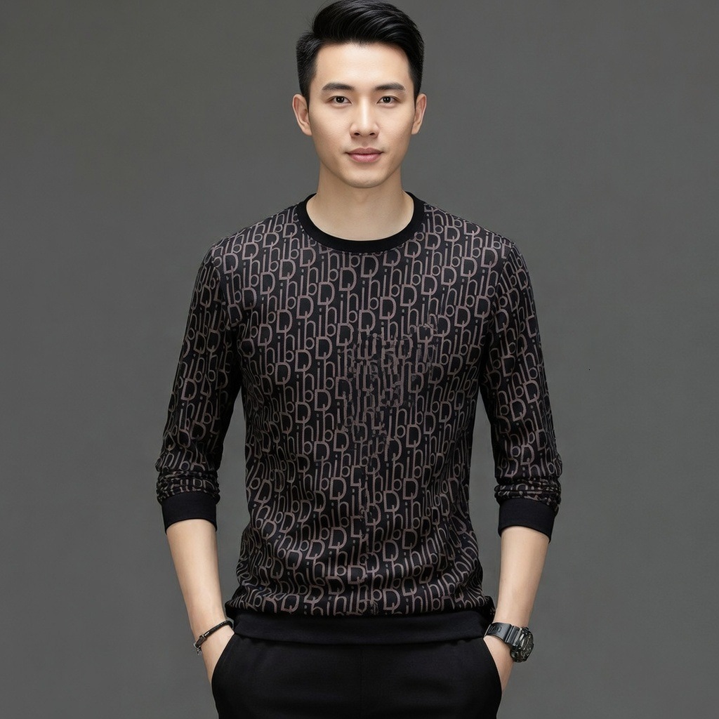 2026 Spring New Designer Luxury Brand Men's Printed Long Sleeve T-shirt Middle Aged Fashion Casual Round Neck Sportswear Basic Shirt Wholesale