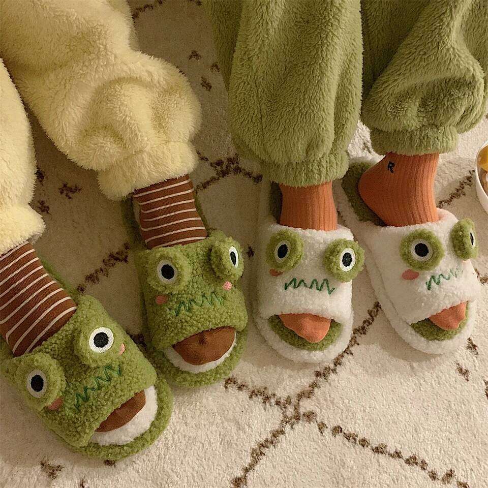 Faux Fur Slippers Cute Cartoon Frog Home Slipper Women Men Winter Warm Shoes Soft Plush Lovers Indoor House Floor Slides