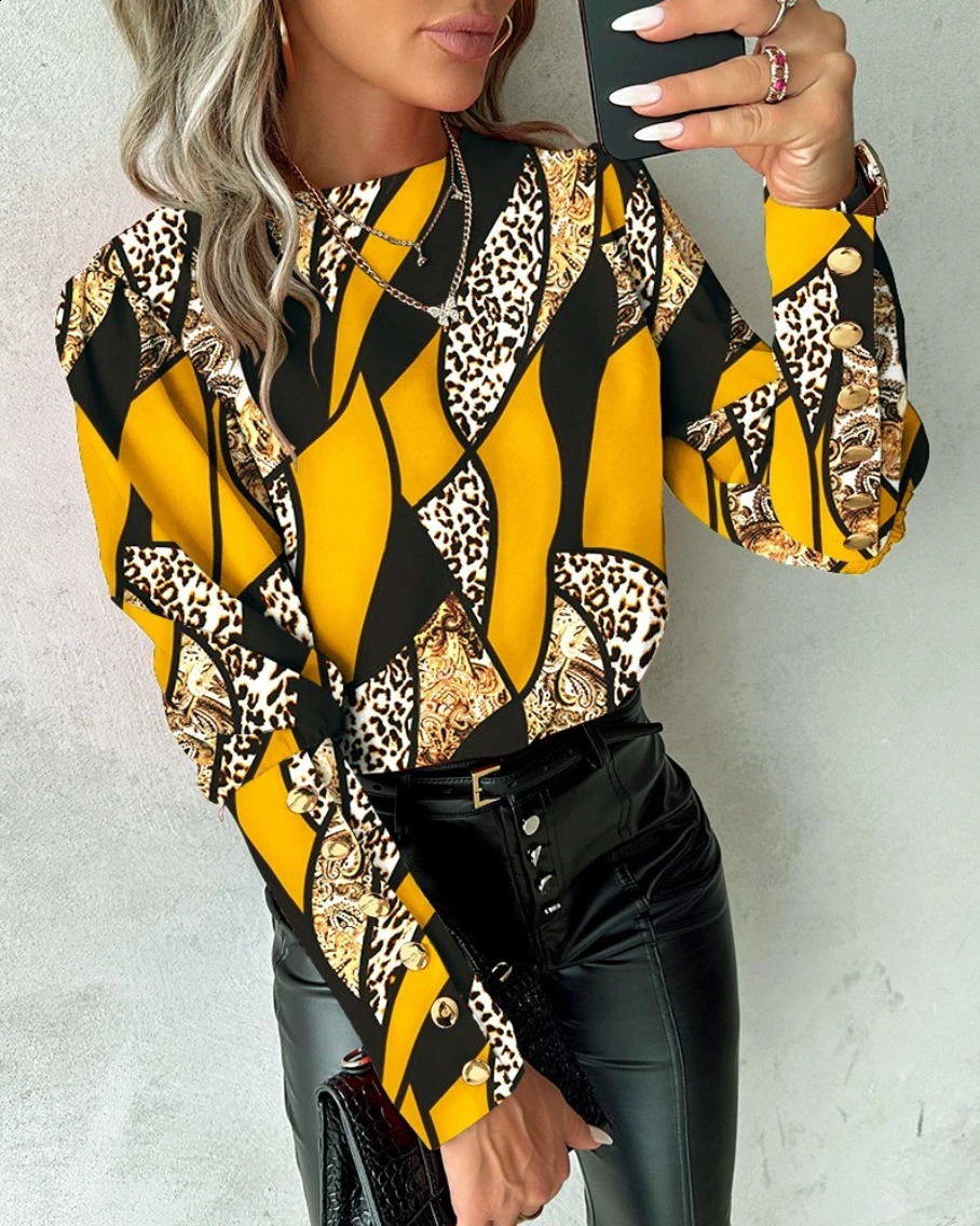 Autumn and winter fashionable printed long sleeved love style round neck button up blouse shirt for women 260228