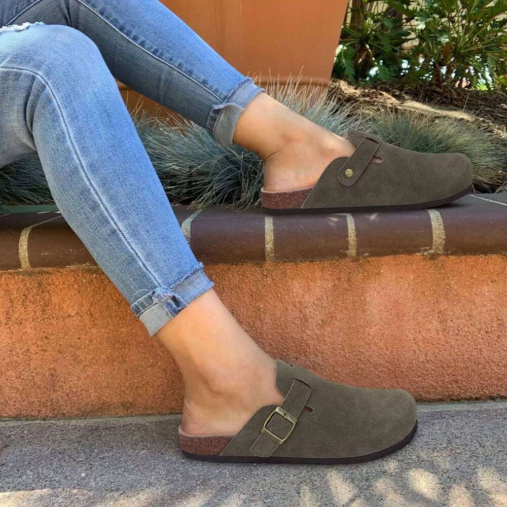 Kidmi Men's Suede Cork Footbed Clogs for Women Soft Leather Adjustable Buckle Slip-on Potato Shoes Sandals Beach Slippers