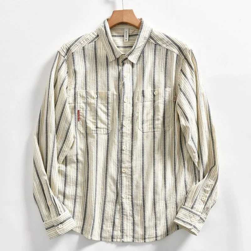 Japanese Striped New Retro Mens Trendy and Fashionable Loose Casual Shirt Long Sleeve Top Shirt Versatile Jacket M260305