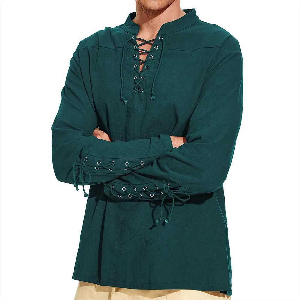 Male Cotton Linen Lace Up Long Sleeve Pullover Blouse Shirts Men Collarless Solid Color Holiday Beachwear Tops YYCFS-V-6-26 M260305