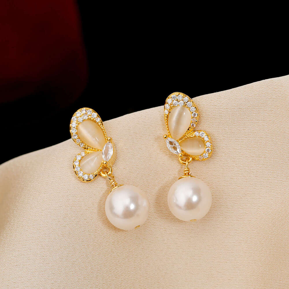 Cat's Eye Butterfly Pearl Earrings Silver Needle Women High-end Micro-inlaid Studs
