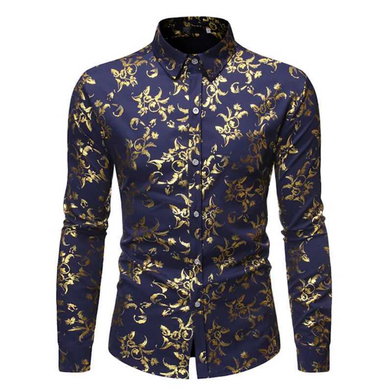Long Sleeve Hawaiian Shirts Golden Floral Shirts Men Fashion Shirt Casual Beach Blouse Bussiness Camisa Mens Clothing Button Up M260305